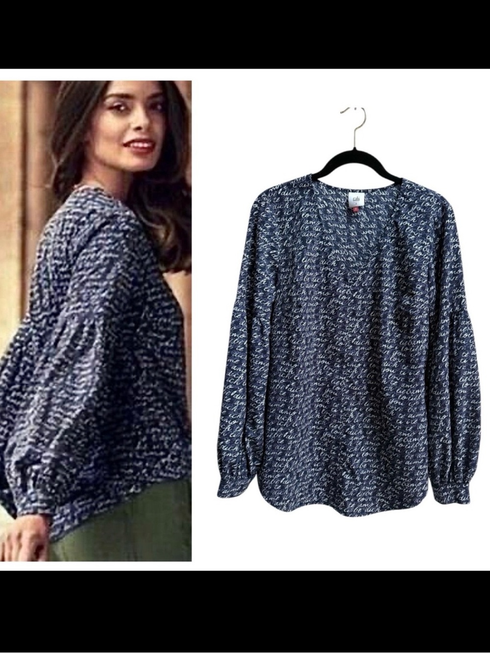 Cabi Te Amo Script Long Sleeve Blouse Size Small Lantern Sleeve Boho Navy Blue